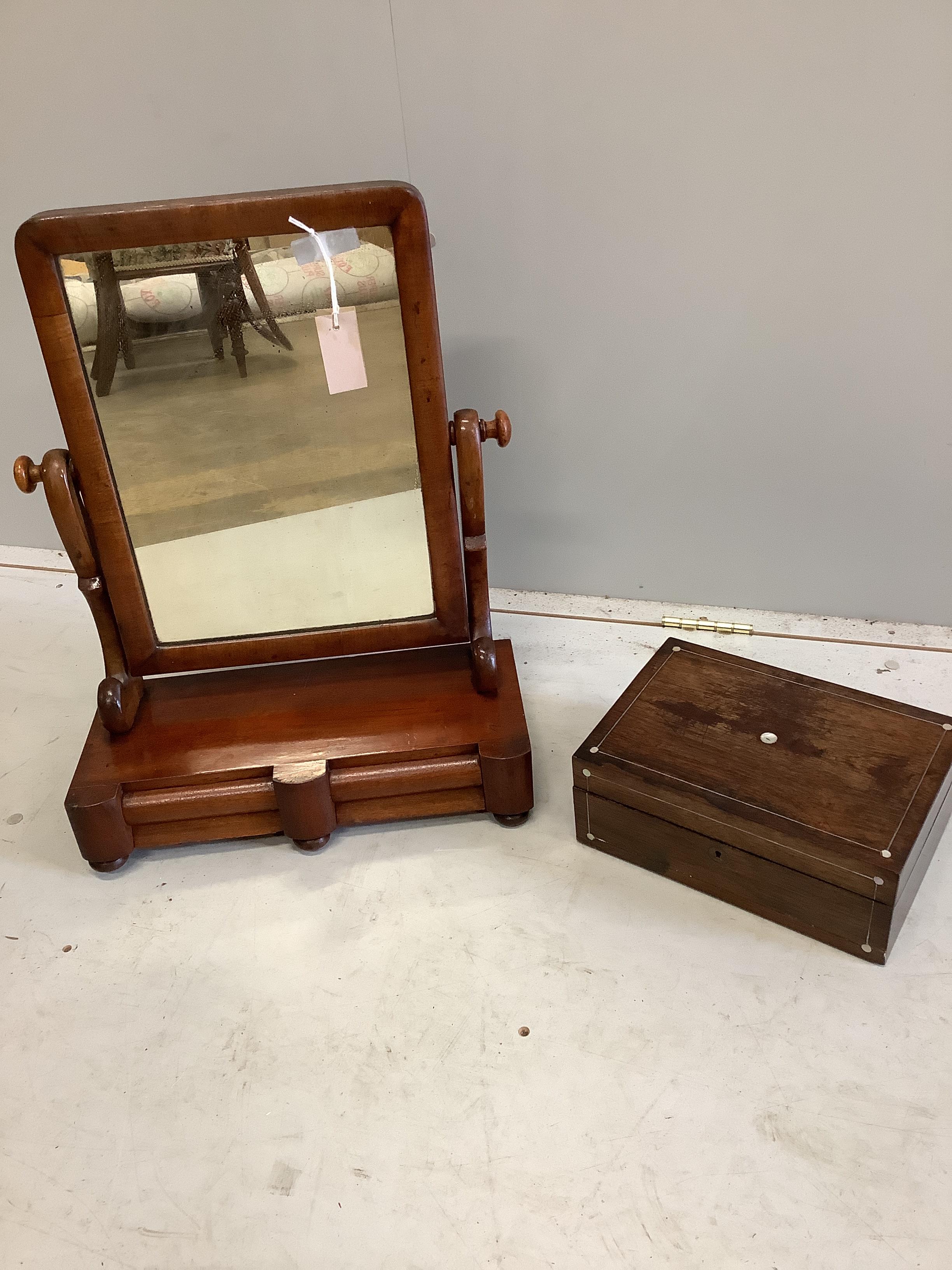 A Victorian mahogany toilet mirror, height 58cm, together with a Victorian mother of pearl inlaid rosewood box